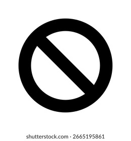 Ilustración vectorial en blanco y negro de un símbolo de no símbolo o signo prohibido, representado como un círculo negro sólido con una barra diagonal
