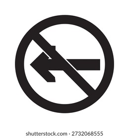 Black and white vector illustration of a no left turn sign, featuring a circular frame with a diagonal line and an arrow pointing left.