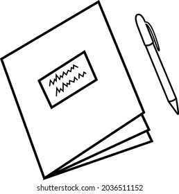 Black and white vector illustration of a notebook with a pen. Stationery, a linear notebook, a simple pictogram. For printing, isolated for typography and web design.