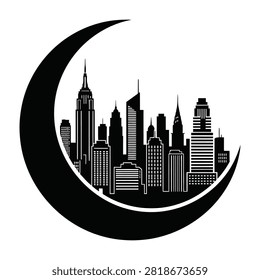 Black and white vector illustration of NYC skyline buildings inside a crescent moon. Skyscrapers and architecture. Suitable for logo design, urban themes, and city concept art.