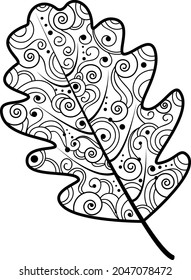 Schwarz-Weiß-Vektorgrafik eines Eichenblattes. Herbstgrafik mit schönen Mustern.Eine Idee für ein Logo, Modeillustrationen, Zeitschriften, Kleiderdruck, Werbung, Tattoskizze.