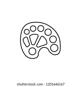 Black & white vector illustration of oblong plastic palette. Line icon of pallette to mix & arrange paints. Tools for painting, diy craft projects. Isolated object on white background