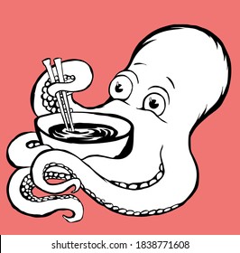 Black and white vector illustration of octopus with bowl and chopsticks in tentacles