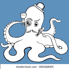 Black and white vector illustration of octopus with hat, monocle and mustaches with glass of wine and fish on fork in tentacles