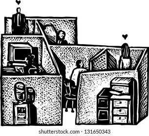 Black and white vector illustration of office romance