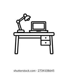 Black and white vector illustration of office desk with laptop and table lamp for education and workspace design