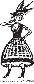 Black and white vector illustration of Old West Dance Hall Girl