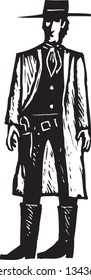 Black And White Vector Illustration Of Old West Cowboy Gunslinger