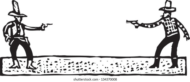 Black And White Vector Illustration Of Old West Gunfight Or Duel