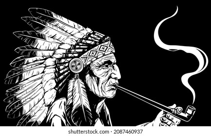 Black   white vector illustration an old Native American Indian in feathers war bonnet who smokes pipe peace