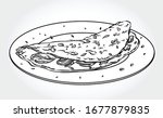 Black and white vector illustration of an omelette with ham and cheese on a plate.
