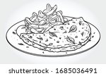Black and white vector illustration of an omelette with herbs and fries on a plate.