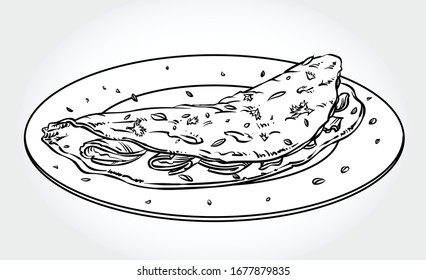 Black and white vector illustration of an omelette with ham and cheese on a plate.