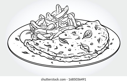 Black and white vector illustration of an omelette with herbs and fries on a plate.