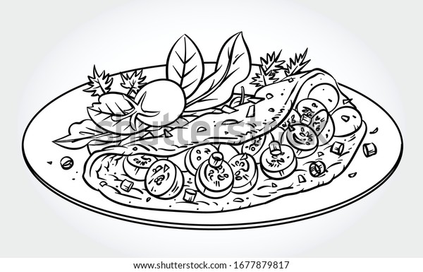 トマトと新鮮な野菜サラダを入れたオムレツの白黒のベクターイラスト のベクター画像素材 ロイヤリティフリー