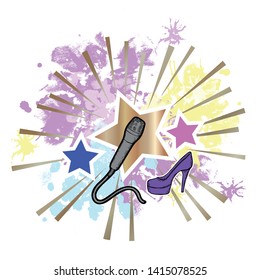 Black and white vector illustration on the topic of pop music. A microphone and a high-heeled shoe against the background of shining stars