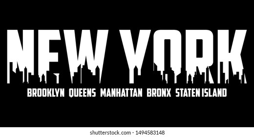 Black white vector illustration on a theme New York and the five boroughs – Brooklyn, Queens, Manhattan, The Bronx, and Staten Island, slogan for print on clothes. NYC modern print for t-shirt design.