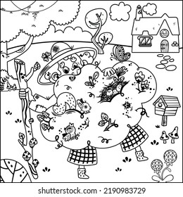 Black and white vector illustration on the theme of old man and animals in nature. Painting activity for children.