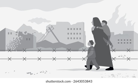 Schwarz-weiße Vektorgrafik zum Thema Krieg, Flüchtlinge, soziale Probleme in der Welt. Mutter und Kind, die auf einer Straße gehen, auf dem Hintergrund ruinierte Häuser