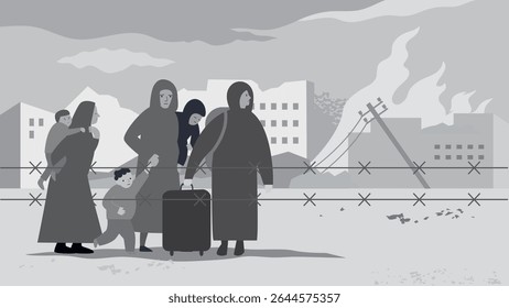 Black and white vector illustration on the theme of war, refugees, world conflict, social problems in the world. Group of exhausted people walking on a road, on background war-torn ruined city