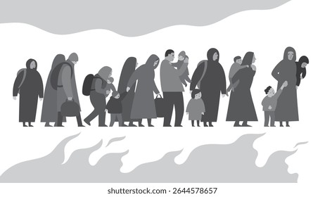 Black and white vector illustration on the theme of war, refugees, world conflict, social problems in the world. Group of exhausted people walking on a road
