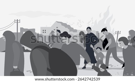 Black and white vector illustration on the theme of war, refugees, social problems in the world. Group of tired people walking on a road, on background ruined houses