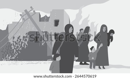 Black and white vector illustration on the theme of war, refugees, world conflict, social problems in the world. Group of exhausted people walking on a road, on background ruined houses