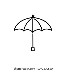 Black & white vector illustration of open umbrella with handle. Line icon of fashion accessory for men or women to protect from rain or bright sunlight. Isolated object on white background. 