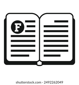 Black and white vector illustration of an open book icon with a prominent letter f on the left page