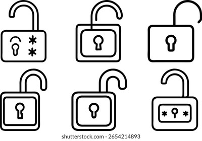 Ilustración vectorial en blanco y negro de candados abiertos con sencillos símbolos de ojo de cerradura