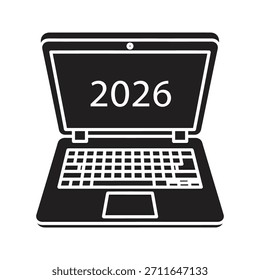 Una Ilustración vectorial en blanco y negro de una computadora portátil abierta que muestra 2026 en la pantalla, que representa las tendencias de la tecnología digital, la planificación comercial en línea y los objetivos de trabajo remoto.
