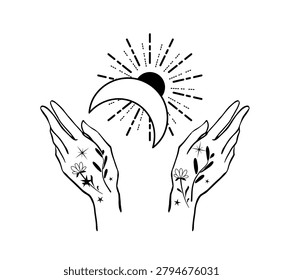 Black and white vector illustration of open hands holding a crescent moon with radiant lines. Mystical celestial design for tattoo, print, poster, or logo.