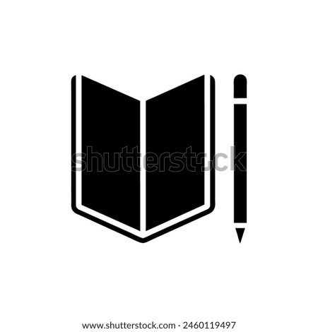 Black and white vector illustration of an open book with a pencil, symbolizing study and knowledge