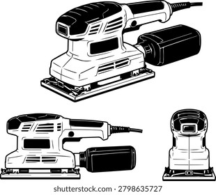 Black and white vector illustration of an orbital sander from the Workshop Equipment and Power Tools Collection. Clean monochrome design isolated on a white background. Suitable for woodworking, carpentry, surface finishing, construction projects, workshop activities, maintenance work, and DIY applications. Ideal for icons, infographics, manuals, websites, mobile applications, educational materials, presentations, and printed publications.