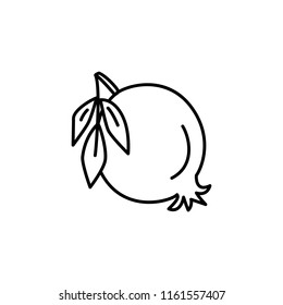 Black & white vector illustration of organic pomegranate with leaves. Line icon of fresh fruit. Vegan & vegetarian food. Health eating ingredient. Isolated object on white background. 