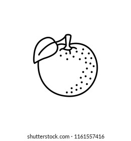 Black & white vector illustration of organic orange fruit with leaf. Line icon of fresh citrus. Vegan & vegetarian food. Health eating ingredient. Isolated object on white background. Front view.