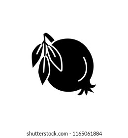 Black & white vector illustration of organic pomegranate with leaves. Flat icon of fresh fruit. Vegan & vegetarian food. Health eating ingredient. Isolated object on white background. 