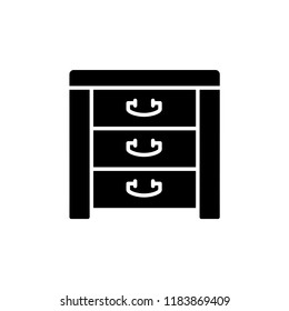 Black & white vector illustration of organizer box. Flat icon of storage furniture with shelves. Decorative container with drawers for home & office. Isolated object on white background. 