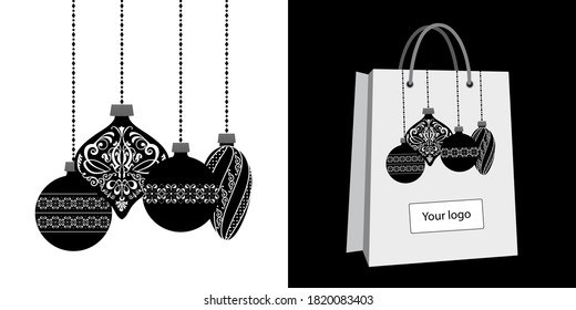 Ilustración vectorial en blanco y negro de bolas ornamentales de Navidad para una impresión original en su bolso, envoltura de regalo u otro medio comercial.