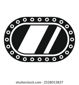 Black and white vector illustration of an oval porthole with rivets allowing view from ship or submarine