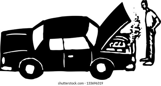 Black and white vector illustration of overheated car with hood open