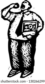 Black and white vector illustration of overweight man eating donuts
