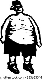 Black and white vector illustration of an overweight boy