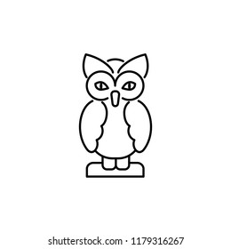 Black & white vector illustration of owl table figurine. Line icon of decorative bird statuette for home & office. Isolated object on white background. 