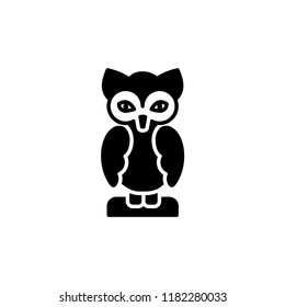 Black & white vector illustration of owl table figurine. Flat icon of decorative bird statuette for home & office. Isolated object on white background. 