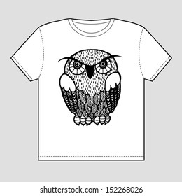 Black and white vector illustration of an owl, can be used as a print for t-shirt or tattoo