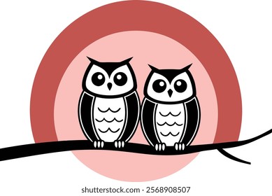 Black and White Vector Illustration of Owl on Branch