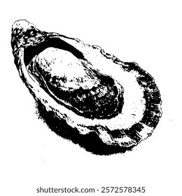 black and white vector illustration of an oyster shell, crafted with intricate textures and fine lines, perfect for seafood and nautical-themed designs