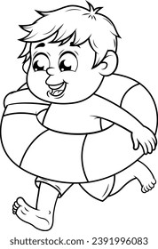 Black and white vector illustration to paint, little boy running with a pool float.