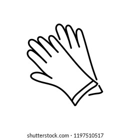 Black & white vector illustration of pair of leather gloves. Line icon of modern accessory for men or women to protect hands from cold weather. Isolated object on white background. 
